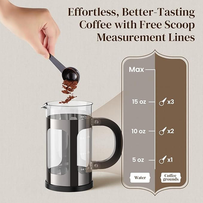 Veken French Press Coffee Maker 21oz 0.6 L, Single Serve Small Pot, Heat Resistant Thickened Borosilicate Glass,Stainless Steel Brewer,Cold Brew Cafetera Teapot for Kitchen Travel Camping, Dark Pewter