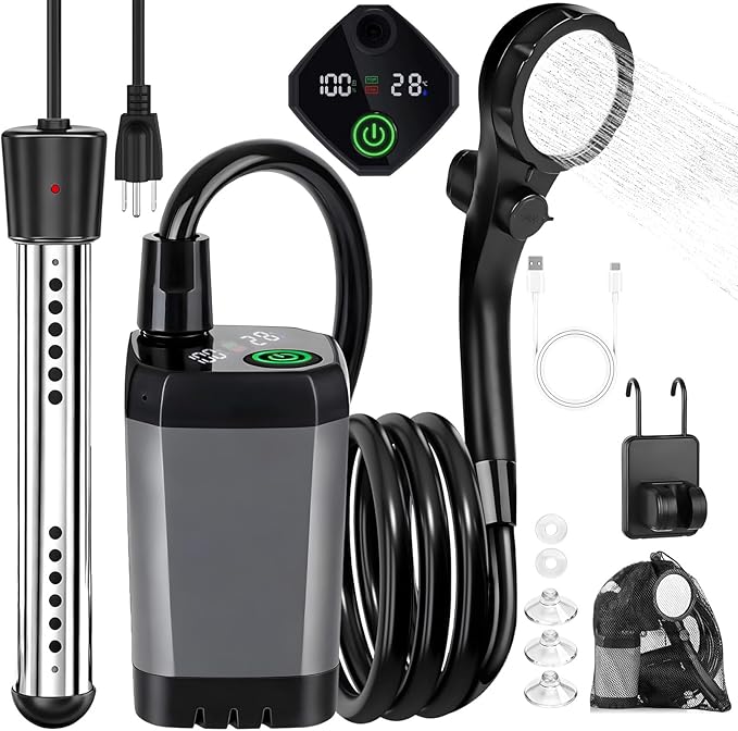 Portable Camping Shower with Heater, 6000mAh Rechargeable Portable Shower with 2000W Immersion Heater, LED Display, Heated Camping Shower for Travel, Hiking, Car, Pet