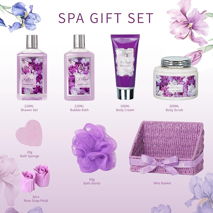 Gifts for Women - 9 Pcs Lavender Bath and Body Gift Basket, Set Spa Gift Basket for Women, Gift Baskets, Spa Kit | Christmas Gifts, Birthday, Mothers Day, Valentines Day Gift Set for Her All Occasion