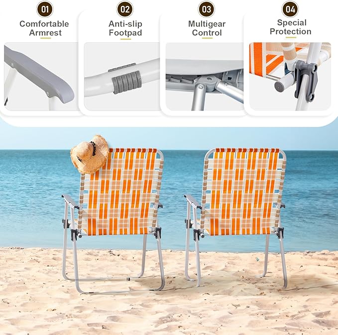 Folding Patio Lawn Webbed Chair Set of 2, Portable Outdoor Beach Chair for Adults, Camping Chair Steel Frame 300lbs Capacity for Yard, Garden Dining, Party, Picnic, 20.7" Seat Width