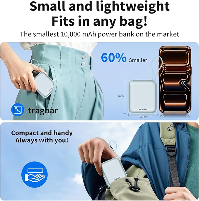 Hichain Mini Portable Charger with Built in Cables LED Display, Mini Power Bank 10000mAh 22.5W USB-C Fast Charging Portable Charger, Small Power Bank for iPhone Compatible with iPad & Android Blue