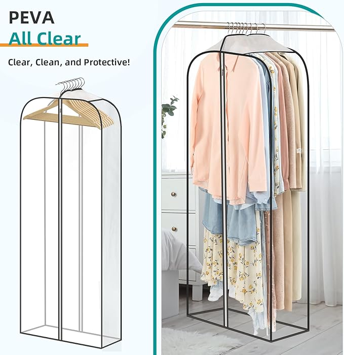LANDNEOO 6 Pack Clear Garment Bags for Hanging Clothes with Zippers on Double Sides - 32&40&60" Long Suit Bags - 10'' Clothes Storage for Coat, Dress, and Fur in Closet