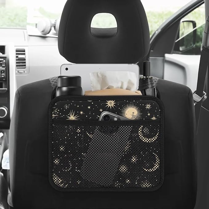 Car Backseat Organizer, PU Leather Back of Seat Car Hanging Organizer with Pockets Leakproof Car Garbage Bag Hanging Car Seat Storage Box Travel Accessories Foldable (Moon & Stars Black)