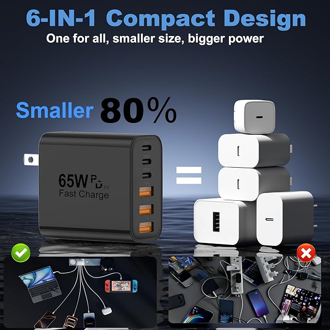 USB C Charger Block, 2-Pack 65W 6-Port USB C Wall Charger iPhone Charger Fast Charging PD Power Adapter+QC Wall Plug Multiport Type C Brick Chargers for iPhone 17 16 15 14 13 12 11 Pro Max XS，Black
