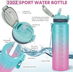 Water Bottle with Straw 1L,Boys Water Bottles with Straw 1 Litre,Waterbottle Leak-Proof Sports Water Bottle,Plastic Drinks Bottles Toxin Free，Bpa-Free (Cyan Pink)