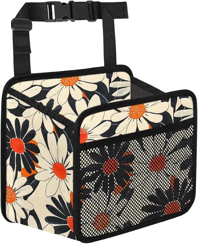 Car Backseat Organizer, PU Leather Back of Seat Cars Hanging Organizer with Pockets Leakproof Car Garbage Bag Hanging Cars Seat Storage Box Travel Accessories Foldable (Flower Orange)