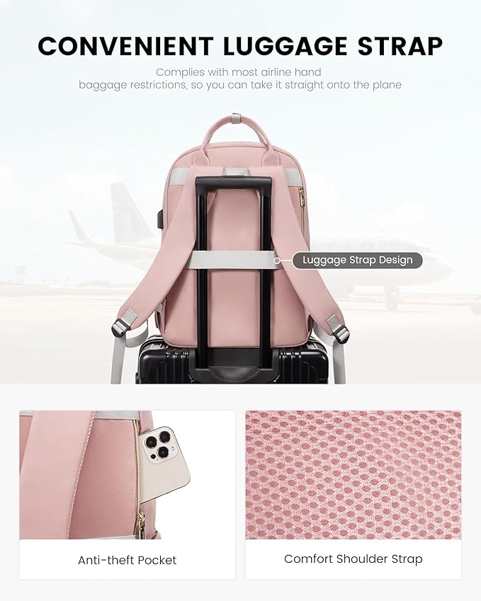 LOVEVOOK Laptop Backpack, D-Pink-Grey, 15.6in Laptop Compartment, 26L Capacity, 18 Pockets, Ergonomic Shoulder Straps, USB Charging Port