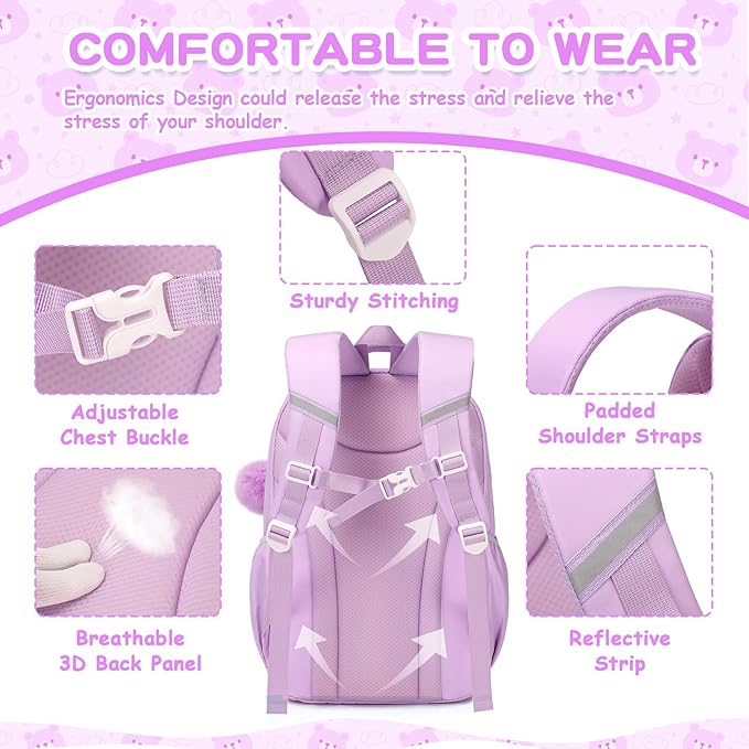 PIG PIG GIRL Kids Backpack for Girls School Bags for Middle School Students Book Bag for Elementary Primary Kawaii Ita Backpack, Purple and Beige