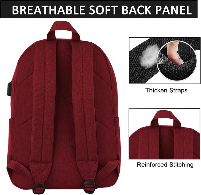 SUPACOOL Casual Laptop Backpack for Men and Women, Backpack with USB Charging Port(Garnet set)
