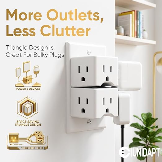 Unidapt 2 Prong to 3 Prong Outlet Adapter, 3 AC Outlet Wall Plug Extender, Polarized Plug for Non-Grounded Outlet in Old House, 1875W/15A, Cruise Essentials, 2 Pack