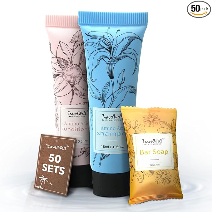 Travel Well Mini Shampoo & Conditioner Set with Soap Bars - Hotel Shampoo & Conditioner Supplies for Guests - Travel-Size Bulk Toiletries - Individual Toiletries for Guests - 150-Piece Set