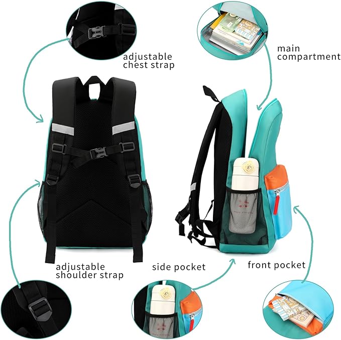 Backpack Set for Girls Boy Kids Backpack with Lunch Box for Elementary Primary Kindergarten School Bag (Lake Green Blue Set, Large)