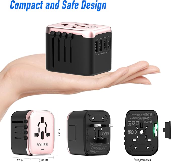VYLEE Universal Travel Adapter, 5 in 1 International Power Adapter with 3.5A 2xUSB-A & 2xUSB-C Ports, Travel Plug Adapter Worldwide for Europe USA UK AUS Travel Essentials (Rose Gold)