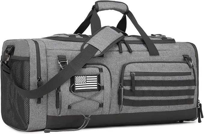 Gym Bag for Men and Women, 50L Extra Large Duffle Bag, 3-in-1 Travel Sports Duffel Bags with Shoe & Laptop Compartment for Overnight Weekender Gym Traveling Workout Deployment, Black + Gray