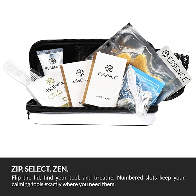 Essence Travel Amenity Kit | Travel Essentials & Travel Size Toiletries Kit | 5-Pack Nasal Diffuser Rings, Sleep Mask, Lotion & Hygiene Kit | Travel Toiletry Kit for Women | Gray Case