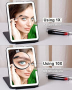 Rechargeable Travel Makeup Mirror with Lights, Portable Lighted Vanity 10X Magnification, 70 LEDs 3 Color Dimmable Touch Screen, Tabletop Folding Compact Cosmetic (ShiningBlack)