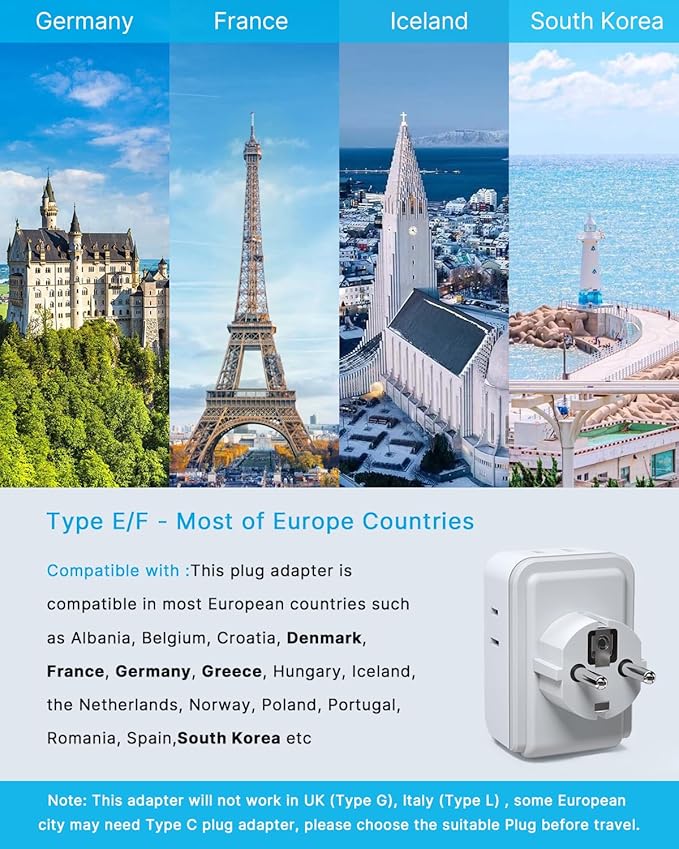 Type E F Travel Plug Adapter, VINTAR Germany France Plug Adapter with 4 Outlets 3 USB Ports (2USB C), Schuko Power Adaptor for US to Europe EU Spain Greece Iceland Korea Russia German French