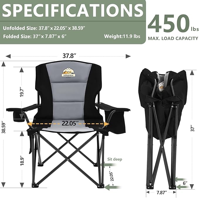 Colegence Oversized Folding Camping Chairs - 450 LBS Support Heavy Duty Camp Chair with Padded Cushion, Portable Outside Chairs with Carry Bag，Cooler, Cup Holder for Outdoor, Lawn, Sports - Black