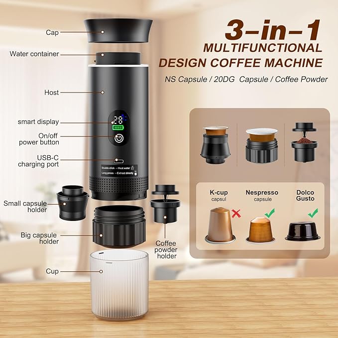 Portable Battery Travel Coffee Maker, 20 bar Mini Car Espresso Machines, 3-in-1 Self-Heating Electric Espresso Maker, USB-C Ground Coffee & Capsule Pod(Ns&DG) RV, Hiking