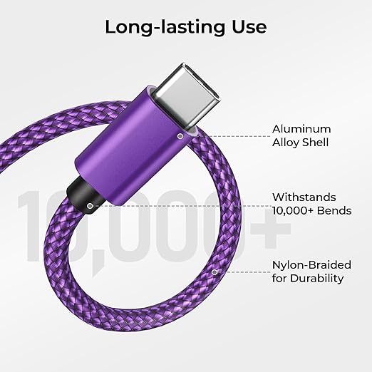 Basesailor for iPhone 17 16 Pro Max Charger Cord,USB to USB C Cable,Type C Charging Power Cord for Apple 17e 15 iPad 10 Air 4 5,Samsung Galaxy S26 S25 S24 S23,Purple,2Pack 10FT(3M)