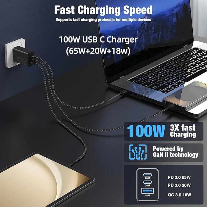 65W Super Fast Charger Type C for Samsung,3 Port 100W Quick Charging 3.0 USB C Block & 3/6/10/10FT Braided Type C Cord for Samsung Galaxy S26 Ultra/S26/S25 Ultra/iPhone 17 Pro/MacBook Pro/Air-Pink