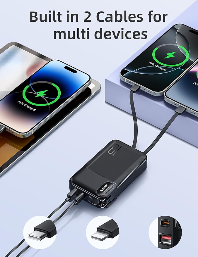 RORRY Portable Charger Built in Cables, AC Wall Plug In Portable Charger Power Bank 10000mAh Travel Battery Pack 22.5W Fast Charging for iPhone 17/16/15 Samsung Galaxy S25/S24/S23 Pixel LG iPad, Black