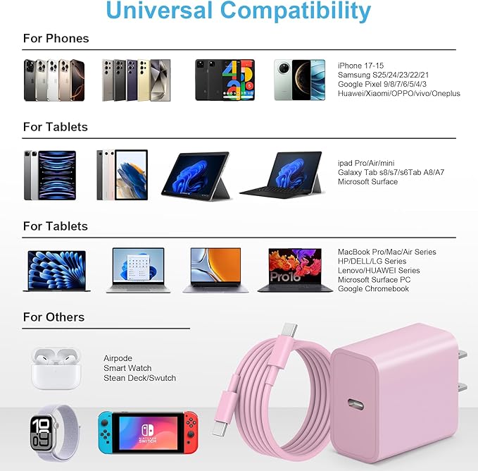 MYBEER iPhone 17 16 15 Charger Fast Charging, [ETL Certified] 2 Pack 10FT USB C Charger Cable with 20W Type C Fast Charging Block for iPhone 17/17 Pro/17 Pro Max/16/16 Pro/16 Pro max/16 Plus/15（Pink）