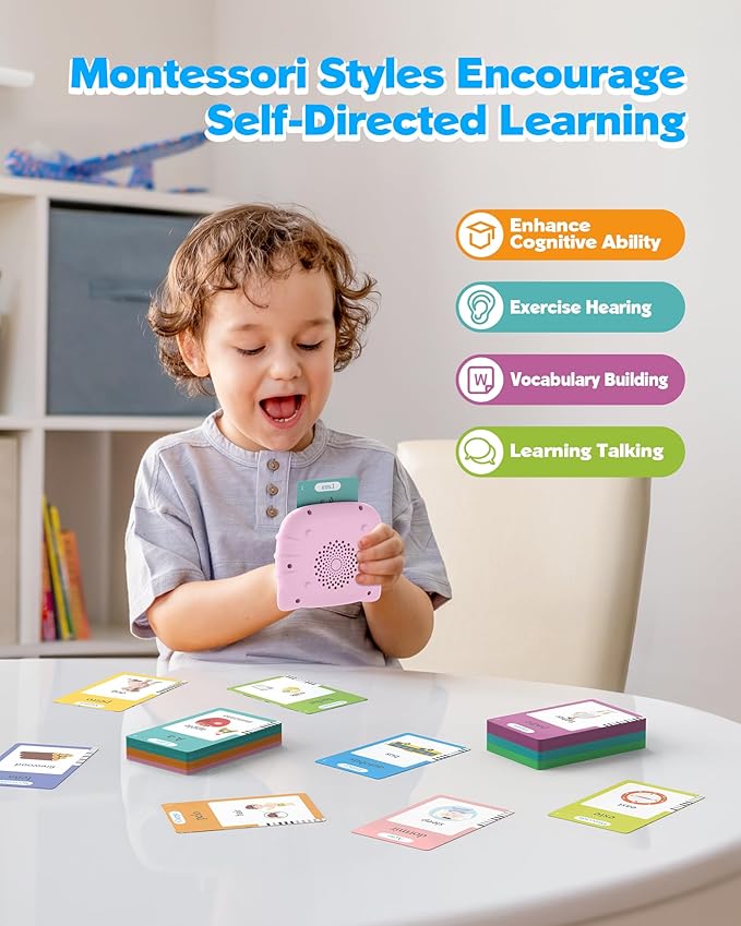 Airbition Bilingual Pink Spanish and English Talking Flash Cards, Pocket Speech Therapy Toy with 510 Words, Montessori Language Learning Toy, Children's Sensory Learning Kits