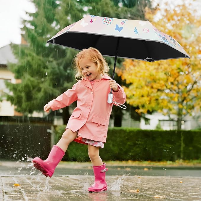 Kids Folding Umbrella Auto Open/Close Umbrellas for Rain Round Corner Safe Design UV Resistant Automatic Children Travel Umbrellas Reinforced Canopy 360° Reflective Strip Lightweight for Girls & Boys