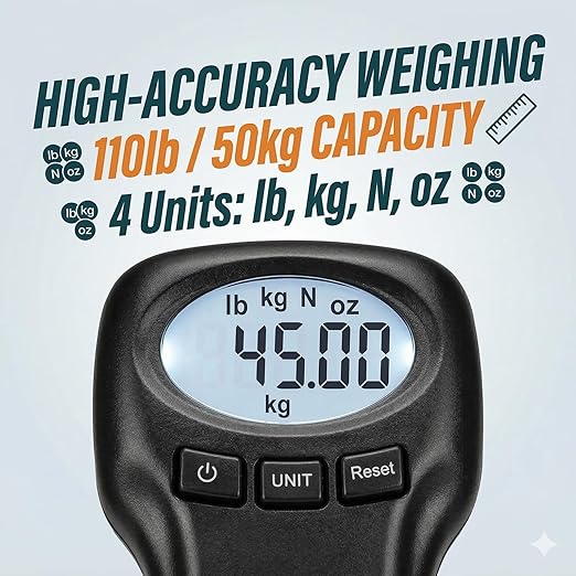 110lb/50kg Digital Luggage Scale - Portable Hanging Travel Scale for Suitcases with Blue Backlit LCD - Ergonomic Handheld Weight Scale with Tare, Data Lock & Temperature Sensor