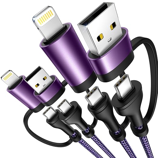 4 in 1 Charging Cable 2Pack 6.6ft 60W Fast Charging USB C Cable 20W iPhone Charger Cord Lightning Cable Multi Charging Cable with Lightning/Type C/USB A Port for iPhone 16 15 14/Samsung/iPad/MacBook
