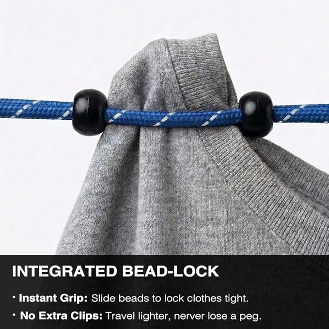 2 Pack Travel Clothesline, No Clothespins Needed - 11.5ft Reflective Cord with 24 Beads, Tangle-Free Cord Winders & Zipper Bags, Portable Laundry Drying Rope for Cruise, Hotel, Camping, RV, Indoor Use