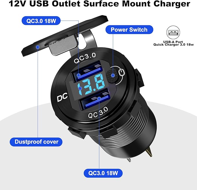 12V Flush Mount Car Charger, Aluminum Metal Body with LED Voltmeter and Switch, Dual QC3.0 USB Port for Marine, RV, Motorcycle & Panel Mounting (red)