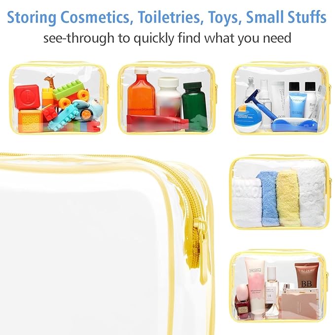 PACKISM Clear Toiletry Bag - 3 Pack TSA Approved Toiletry Bag Quart Size Bag, Travel Makeup Cosmetic Bag for Women Men, Carry on Airport Airline Compliant Bag, Yellow