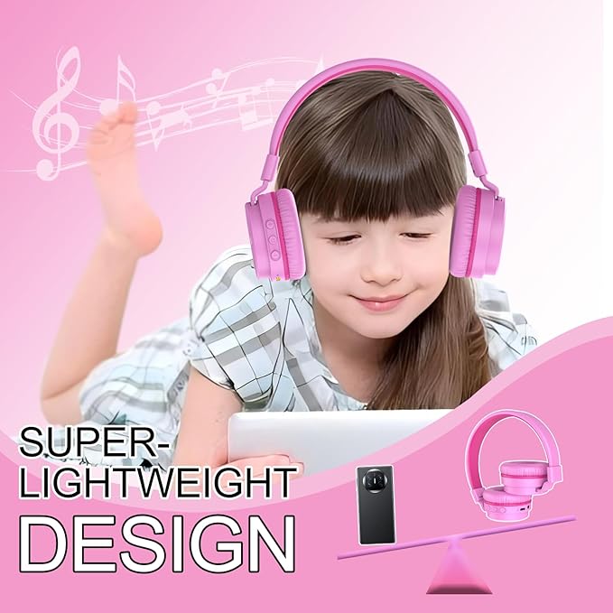 Kids Bluetooth Headphones,Lightweight Kids Headphones Wireless,85/94dB Safe Volume,40H Playtime,Fast Charging,Bluetooth 5.3,Over Ear,Toddler Headphone Built-in Mic for School/Tablet/Travel (Pink)