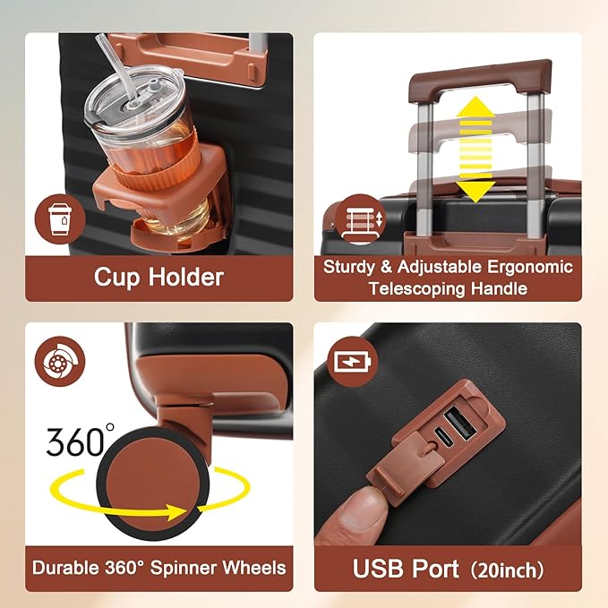 5 Piece Luggage Set w/TSA Locks & USB Port, Front Opening Hard Shell Luggage Sets, Expandable Suitcase Set with Wheels and Cup Holder(20"/24"/28") (Black Brown)