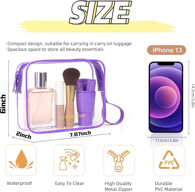 Icramsy Clear Makeup Bag,2 Pack TSA Approved Toiletry Bag Travel Toiletry Bag Hanging Makeup Cosmetic bag for Women Men (Purple)
