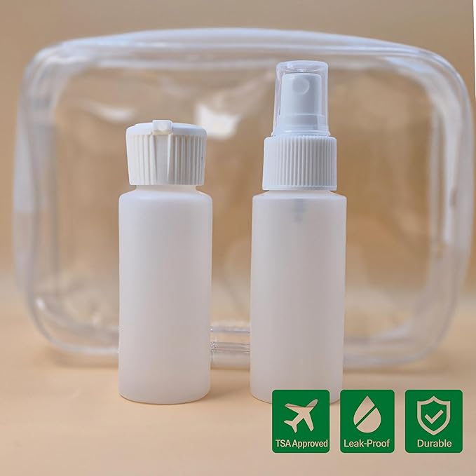 2-Pack 2oz Travel Bottles – Fine Mist Spray & Flip-Top Bottle Set – TSA Approved, FDA Compliant, Chemical Resistant, Leak-Proof, Refillable for Toiletries, Skincare, and DIY Essentials
