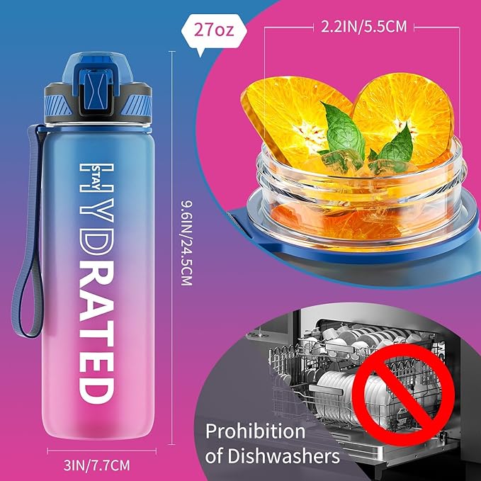 QLUR Water Bottle with Straw, 27oz Motivational Water Bottles with Time Marker to Drink, Tritan BPA Free, 750ml Sports Water Bottle with Carry Strap LeakProof for School Fitness Outdoor (1Pack)