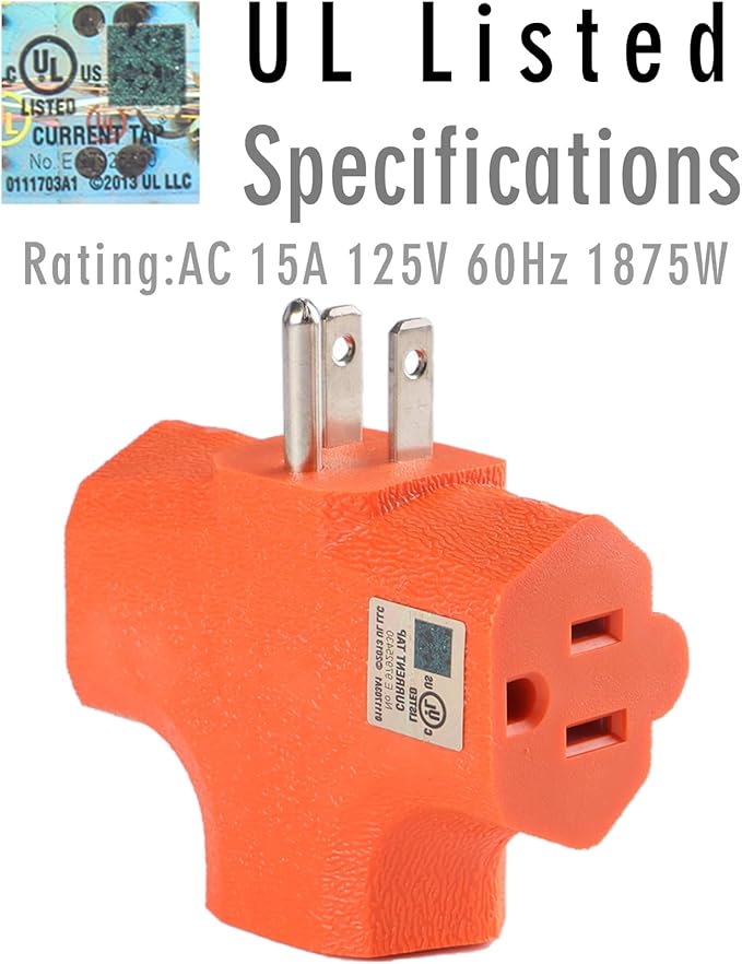 3 Way Plug Adapter - UL Listed - Outdoor Outlet Splitter 3 Prong - Electrical Outlet Extender, Wall Outlet Expander, Outdoor Heavy Duty Triple Plug Outlet Adapter，Cable connectors
