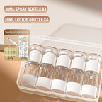 Travel wash bottle, 5-piece vacuum dispensing bottle set with clear storage box, suitable for shampoo, lotion, cosmetics, TSA certified travel container, suitable for vacation and business travel.