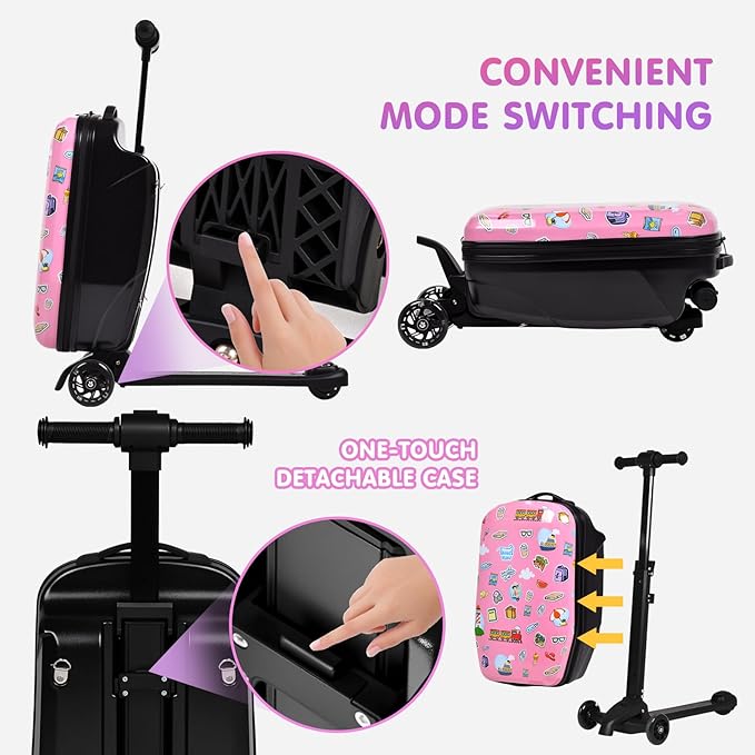 smilesun 4-in-1 Detachable Scooter Luggage for Kids & Teens, Foldable Hardside Ride On Suitcase with LED Wheels, Stylish and Safe Design(Pink)