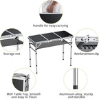 Anbte Folding Camping Table with Storage Net, 3ft Camping Table Aluminum Folding Table with 3 Adjustable Height Max 27.1 Inch Picnic Table Portable Table for Outdoor Backyard BBQ, Black