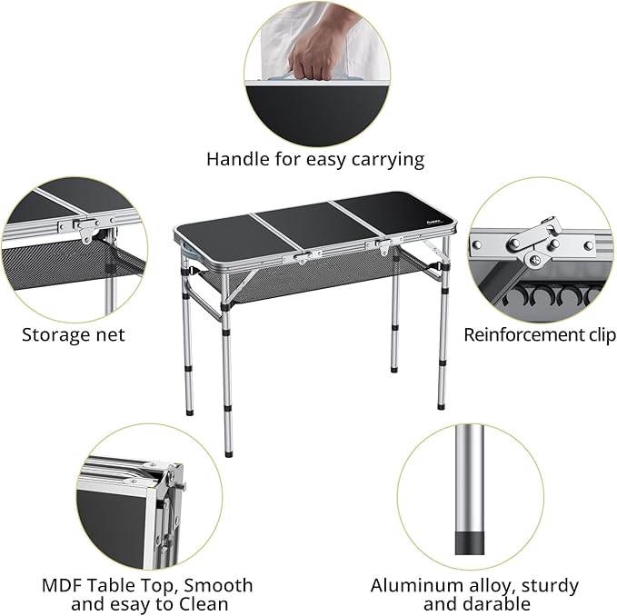 Anbte Folding Camping Table with Storage Net, 3ft Camping Table Aluminum Folding Table with 3 Adjustable Height Max 27.1 Inch Picnic Table Portable Table for Outdoor Backyard BBQ, Black