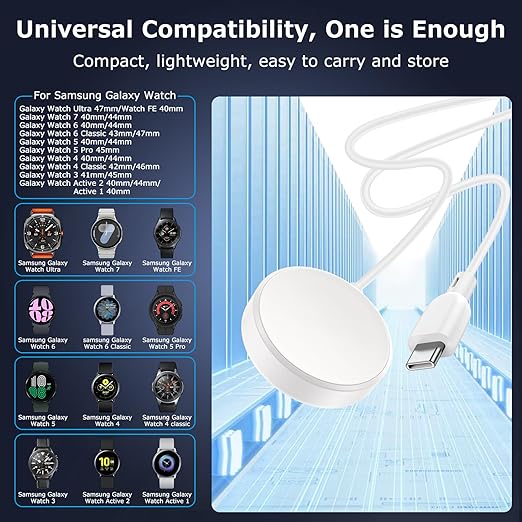 Fast Charger for Samsung Watch Charger, Magnetic Wireless USB C Galaxy Charging Pad with 3FT Type C Cable Cord for Samsung Galaxy Watch 8 Classic/8/7/6 Classic/6/5 Pro/5/4/4 Classic/3/Active 2 1