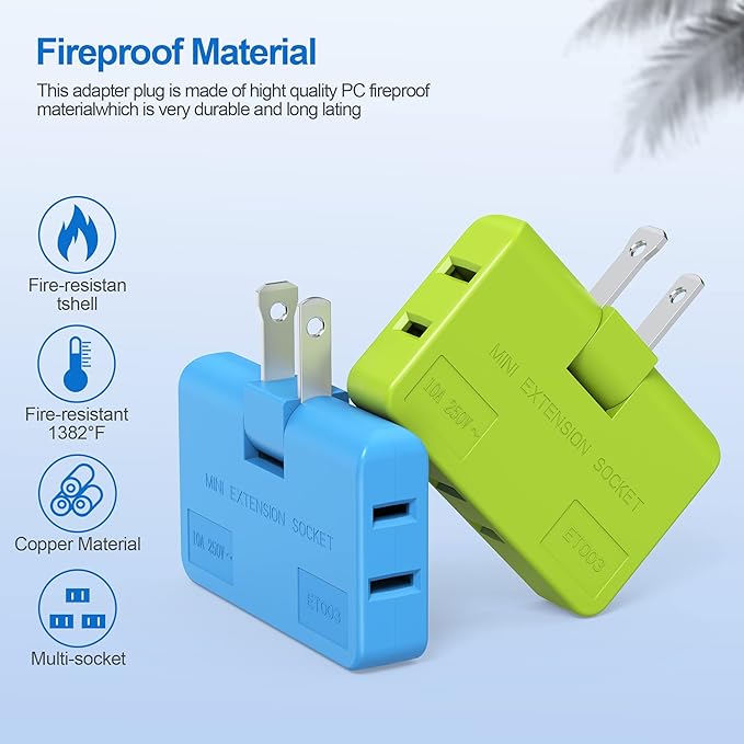 ETwinCoo 3 Way Flat Wall Outlet Extender AC Adapter - 2 Prong Flat Wall Plug, Adjustable Rotatable Mini Socket (Quick & Safe) Perfect for Home and Travel, Type A, Multiple Color (4 Pack)