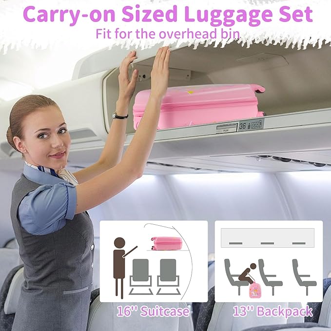 Goplus 2 PCS Kids Luggage, 13" & 16" Carry-on Suitcase w/Spinner Wheels, Telescopic Handle, Hard Shell Rolling Trolley Luggage for Toddler Boys Girls Travel, Airline Approved (Pink, Pony)