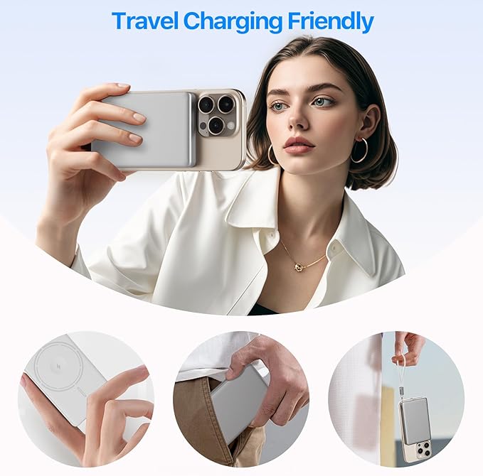 JUOVI Magnetic Wireless Power Bank Ultra-Slim 5000mAh Portable Charger 20W PD Fast Charging Mini Battery Pack with USB-C Cable Compatible for Magsafe Airpods i-Watch iPhone 16 15 14 Series (White)