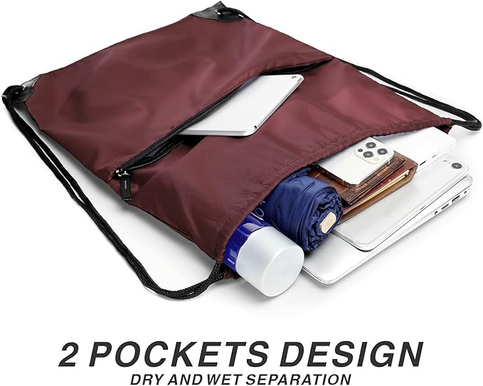 Drawstring Backpack Sports Water Resistant String Bag Sport Gym Sackpack for Women Men Large with Zipper, Burgundy
