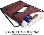 Drawstring Backpack Sports Water Resistant String Bag Sport Gym Sackpack for Women Men Large with Zipper, Burgundy
